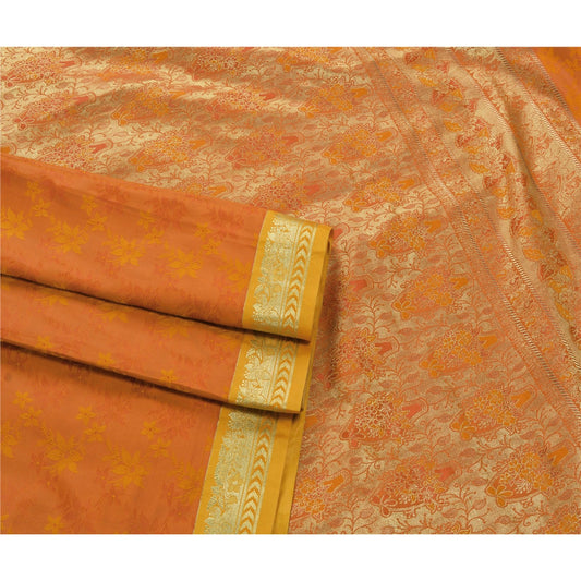 Sanskriti Vintage Saree Art Silk Brocade Orange Dress Meterial Sarees Banarasi Zari Hand Woven Brocade 6 Yard Craft Fabric Sari Home Decor