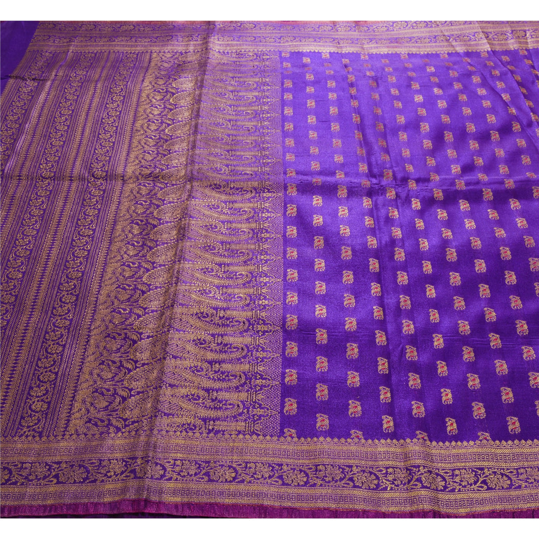 Sanskriti Vintage Blue Heavy Saree Art Silk Woven Banarasi Brocade Fabric Sari