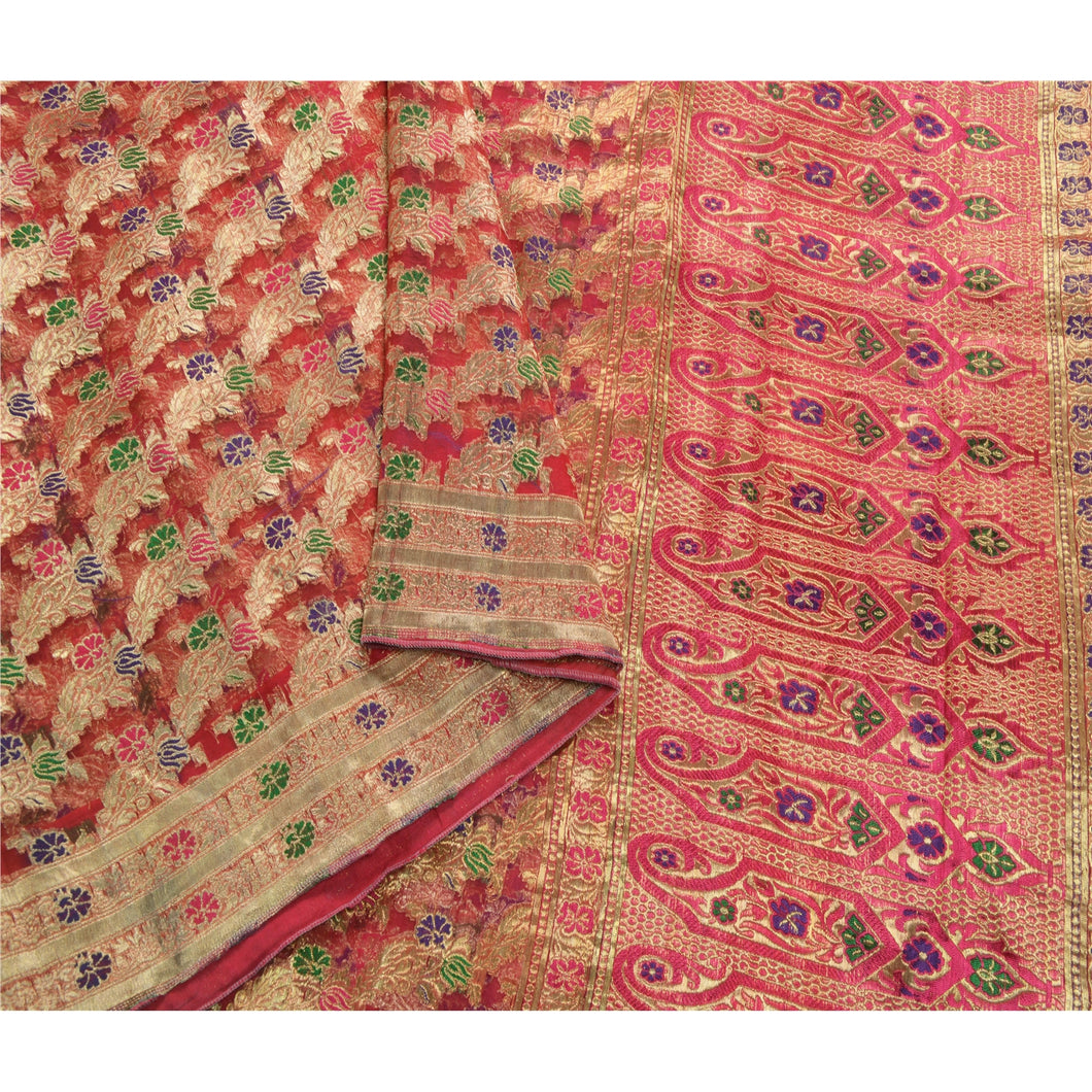 Sanskriti Vintage Heavy Saree Pure Organza Silk Banarasi Brocade 5Yd Fabric Sari