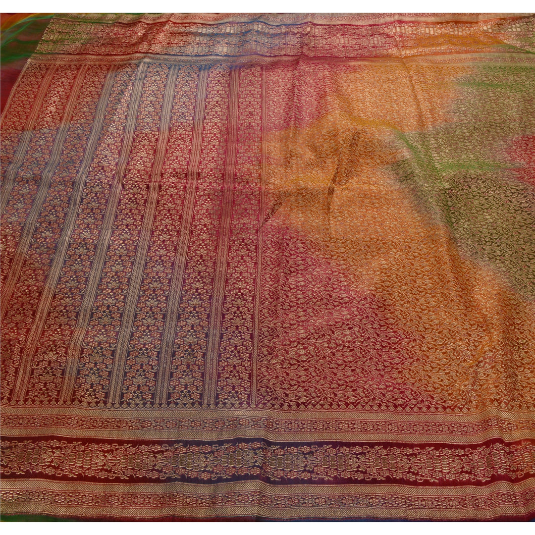 Sanskriti Vintage Heavy Saree Satin Silk Banarasi Brocade Fabric Sari Blouse