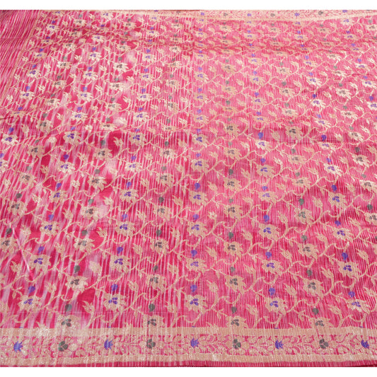 Sanskriti Vintage Pink Heavy Saree Art Silk Woven  Sustainable Fabric Floral Craft Sari