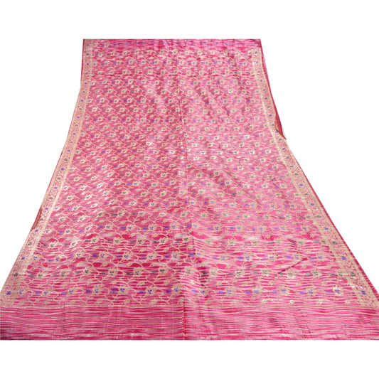 Sanskriti Vintage Pink Heavy Saree Art Silk Woven  Sustainable Fabric Floral Craft Sari