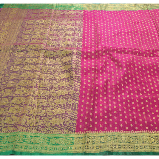 Sanskriti Vintage Green Heavy Saree Art Silk Banarasi Brocade Sustainable Fabric Zari Sari