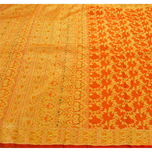 Sanskriti Vintage Orange Heavy Saree Art Silk Brocade Banarasi Woven Craft 5Yd  Fabric Ethnic Sari