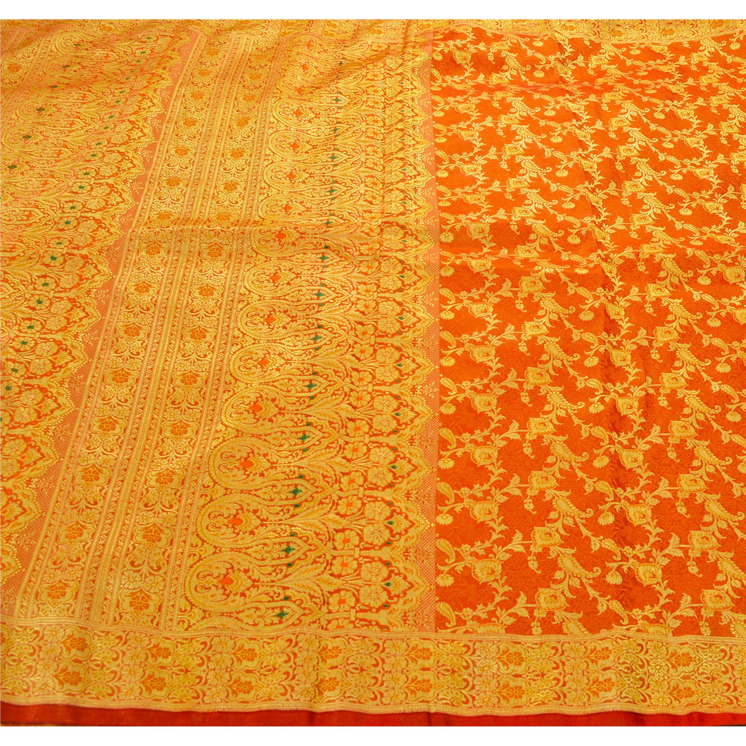 Sanskriti Vintage Orange Heavy Saree Art Silk Woven Craft 5Yd Fabric Ethnic Sari
