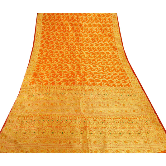 Sanskriti Vintage Orange Heavy Saree Art Silk Brocade Banarasi Woven Craft 5Yd Fabric Ethnic Sari