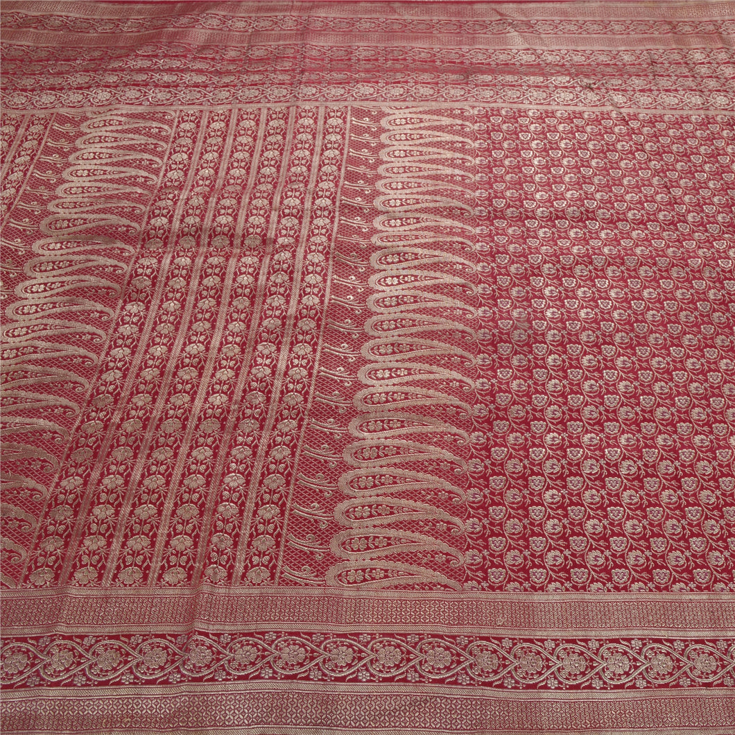 Sanskriti Vintage Pink Heavy Saree Pure Satin Silk Banarasi Brocade Fabric Sari
