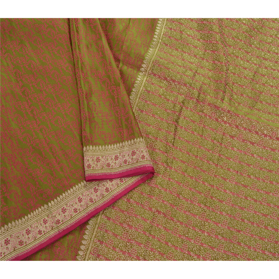 Sanskriti Vintage Green Heavy Saree Pure Satin Silk Banarasi Brocade Fabric Sari
