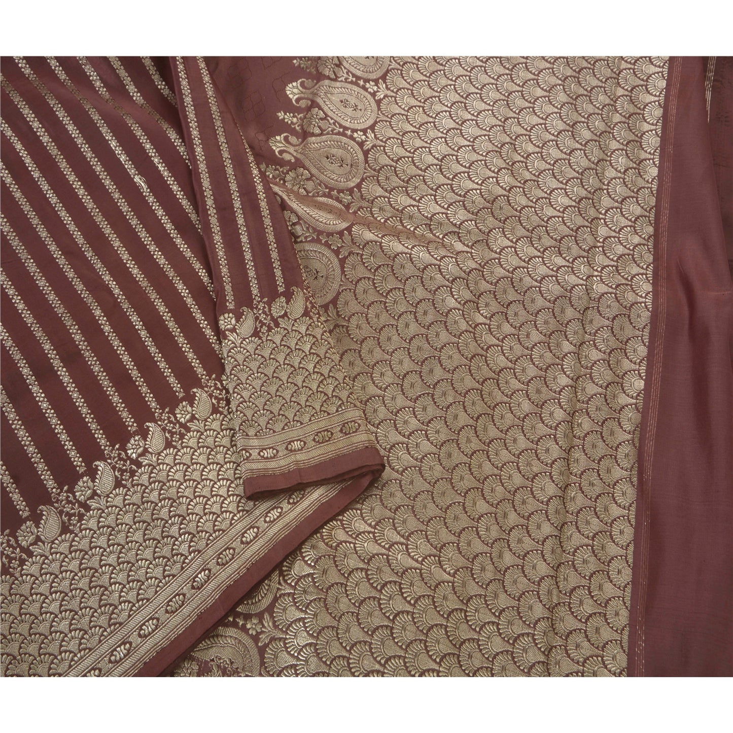 Sanskriti Vintage Brown Heavy Saree Pure Satin Silk Banarasi Brocade Sustainable Fabric Sari