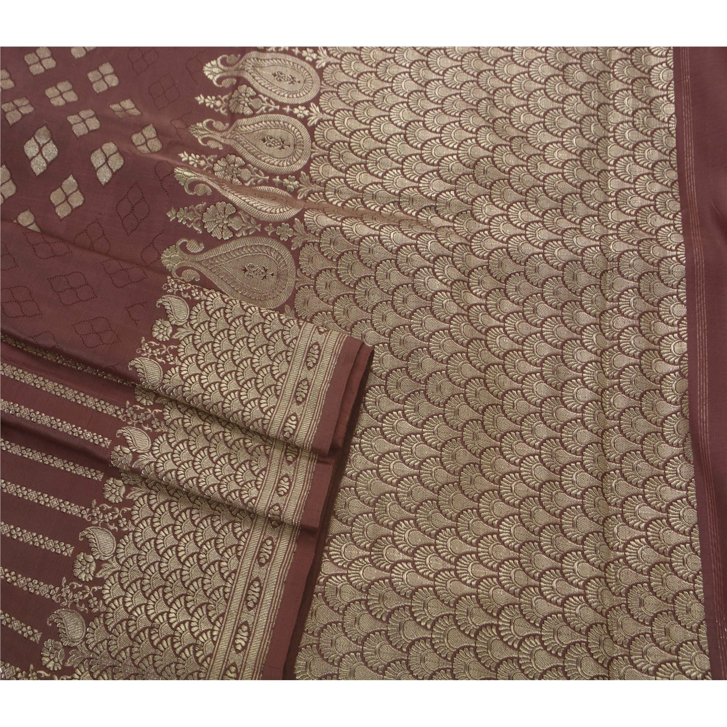 Sanskriti Vintage Brown Heavy Saree Pure Satin Silk Banarasi Brocade Sustainable Fabric Sari