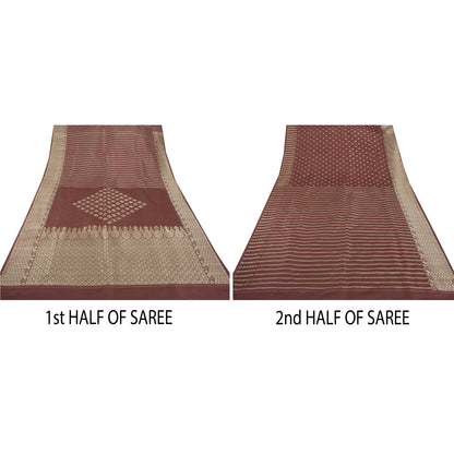 Sanskriti Vintage Brown Heavy Saree Pure Satin Silk Banarasi Brocade Sustainable Fabric Sari