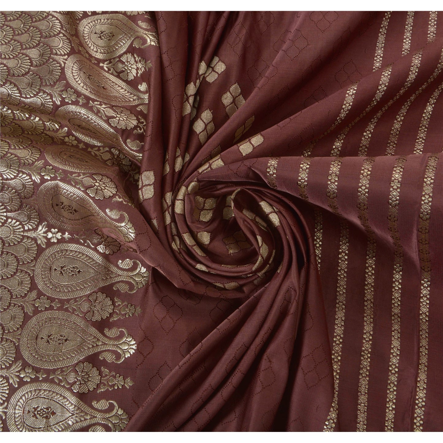 Sanskriti Vintage Brown Heavy Saree Pure Satin Silk Banarasi Brocade Sustainable Fabric Sari
