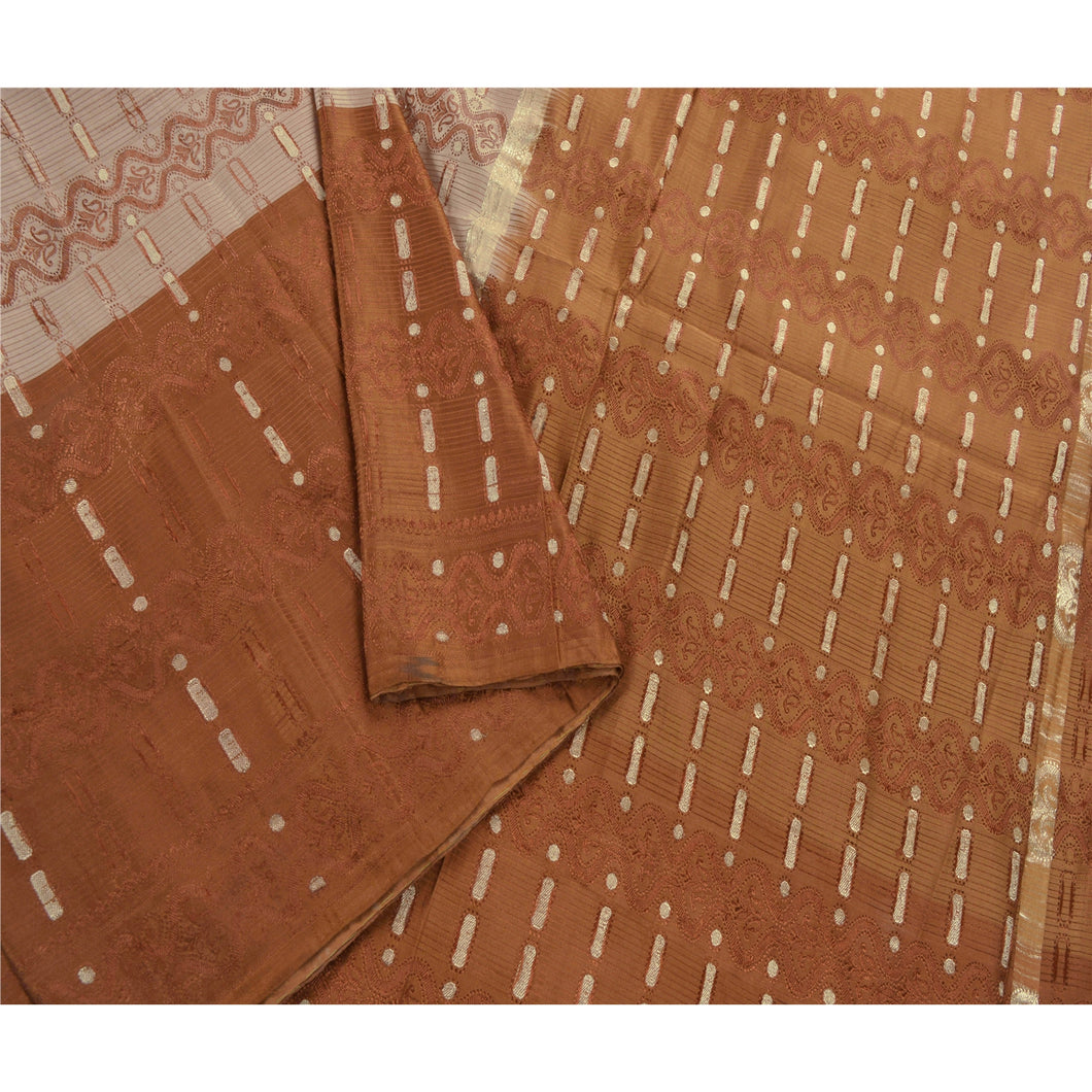 Sanskriti Vintage Brown Heavy Saree Pure Silk Banarasi Brocade Zari Fabric Sari