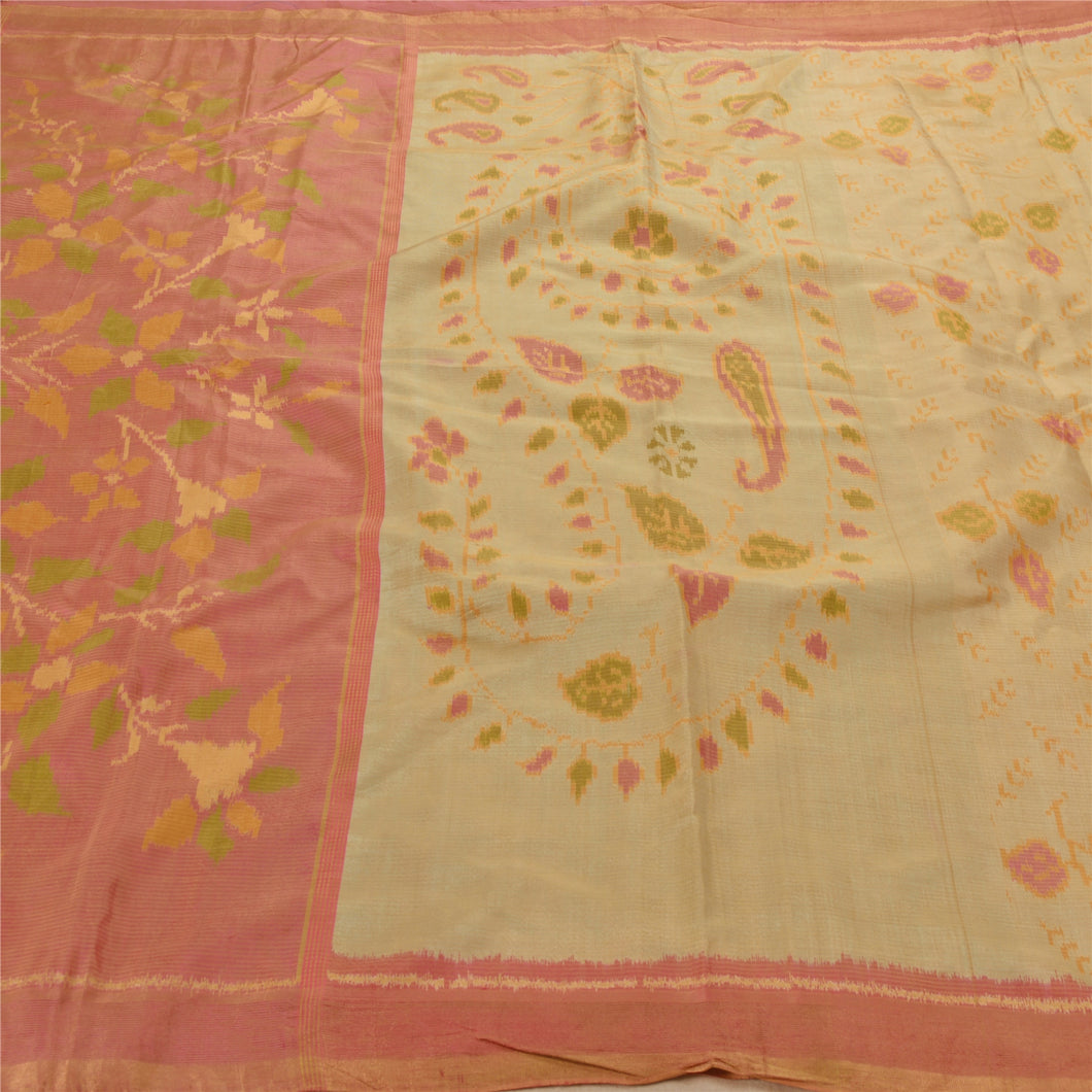 Sanskriti Vintage Cream Heavy Saree 100% Pure Silk Woven Sari Craft 5 Yd Fabric