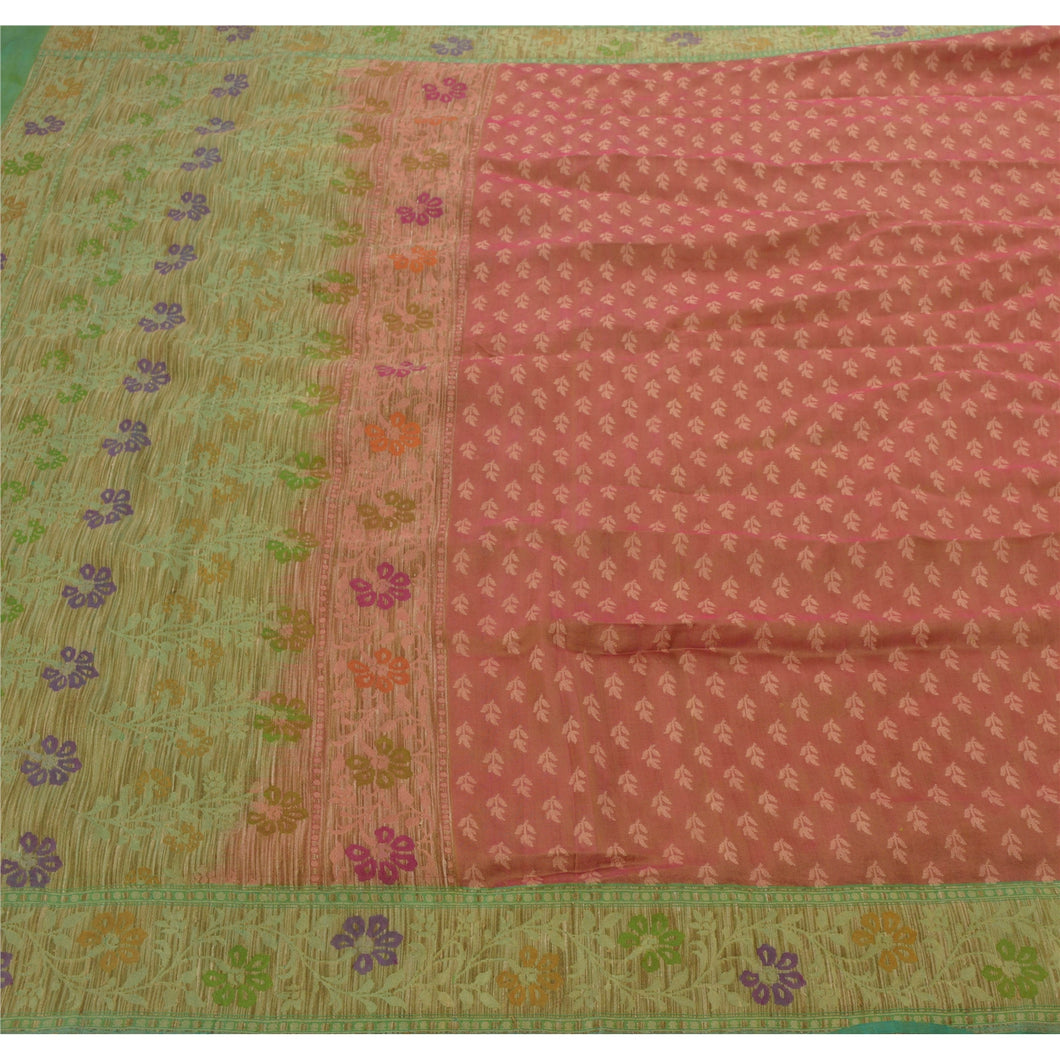 Sanskriti Vintage Peach Heavy Saree Blend Silk Woven Sari Craft Floral Fabric