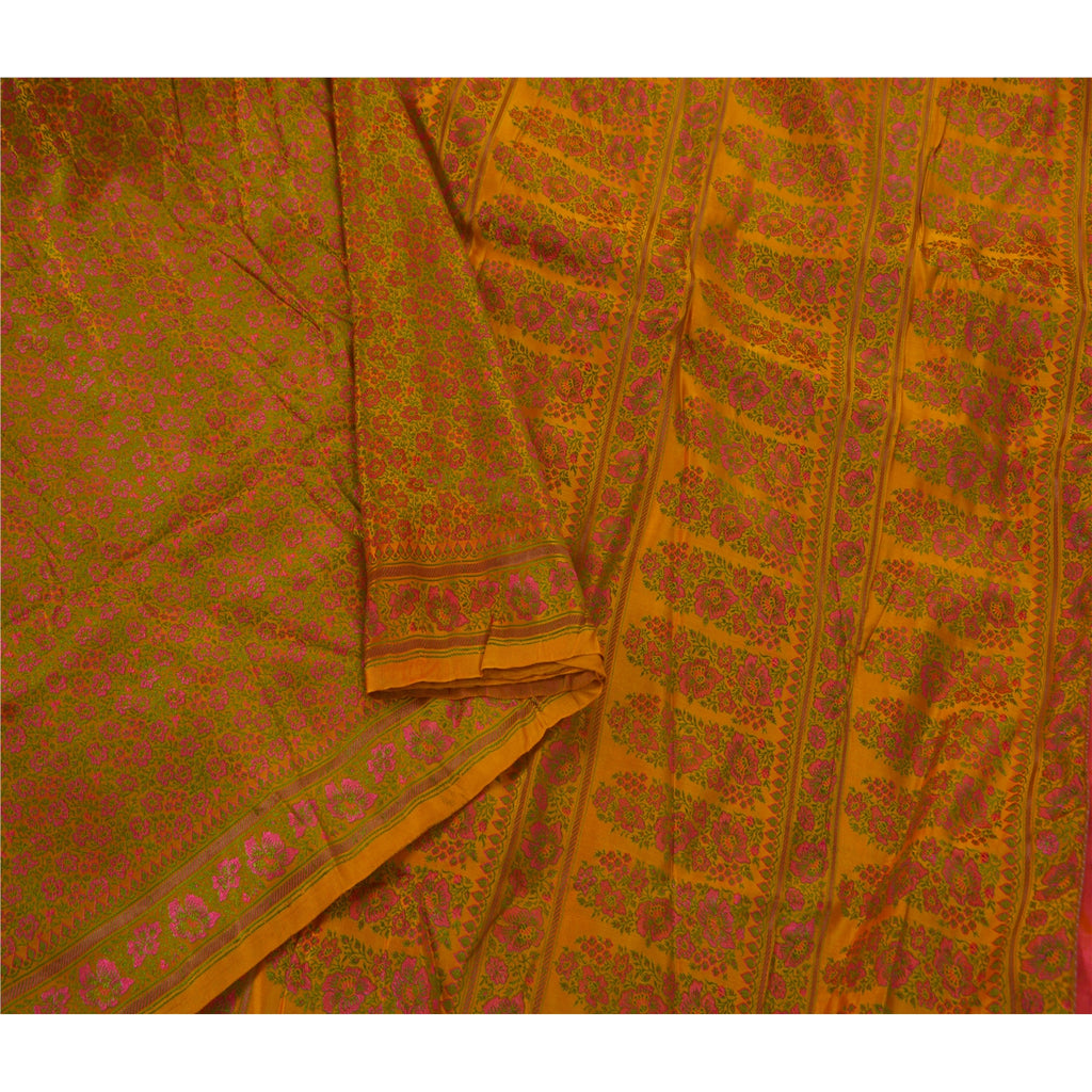 Sanskriti Vintage Sari Soft Art Silk Mustard Yellow Indian 5YD Sarees Hand Woven Ethnic Saree Fabric For Crafting, Upcycling, or Even Wearing