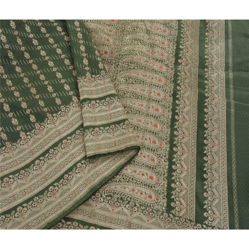 Sanskriti Vintage Saree Green Wedding Sarees Art Silk Brocade Fabric Banarasi Fabric Zari Sari Partywear 5+Yd Craft Home Decor Supplies
