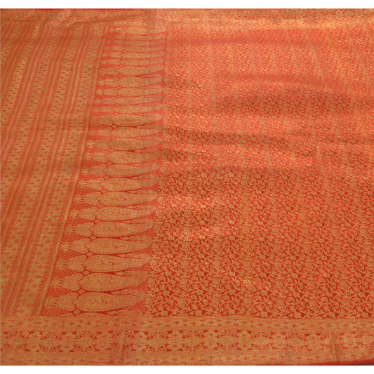 Sanskriti Vintage Orange Heavy Saree Art Silk Banarasi Brocade Sustainable Fabric Zari Sari