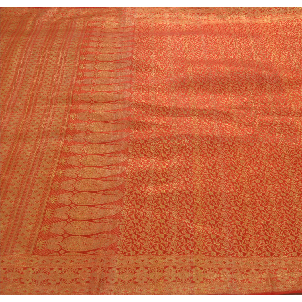 Sanskriti Vintage Orange Heavy Saree Art Silk Banarasi Brocade Fabric Zari Sari