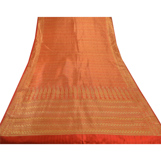 Sanskriti Vintage Orange Heavy Saree Art Silk Banarasi Brocade Sustainable Fabric Zari Sari