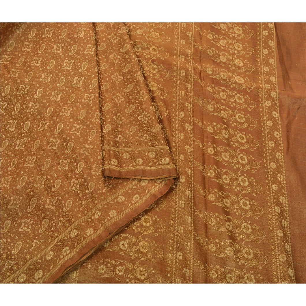 Sanskriti Vintage Brown Heavy Saree 100% Pure Satin Silk Woven Fabric Craft Sari