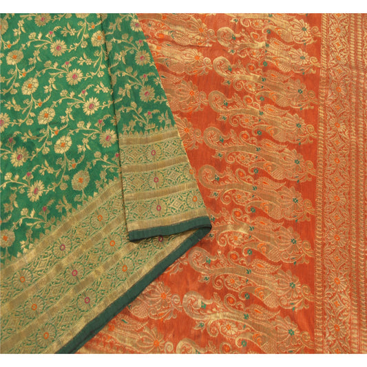 Sanskriti Vintage Green Heavy Saree Art Silk Banarasi Brocade Sustainable Fabric Zari Sari