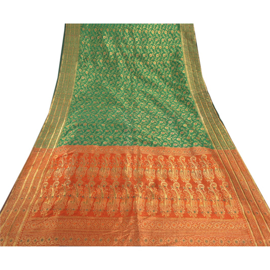 Sanskriti Vintage Green Heavy Saree Art Silk Banarasi Brocade Sustainable Fabric Zari Sari