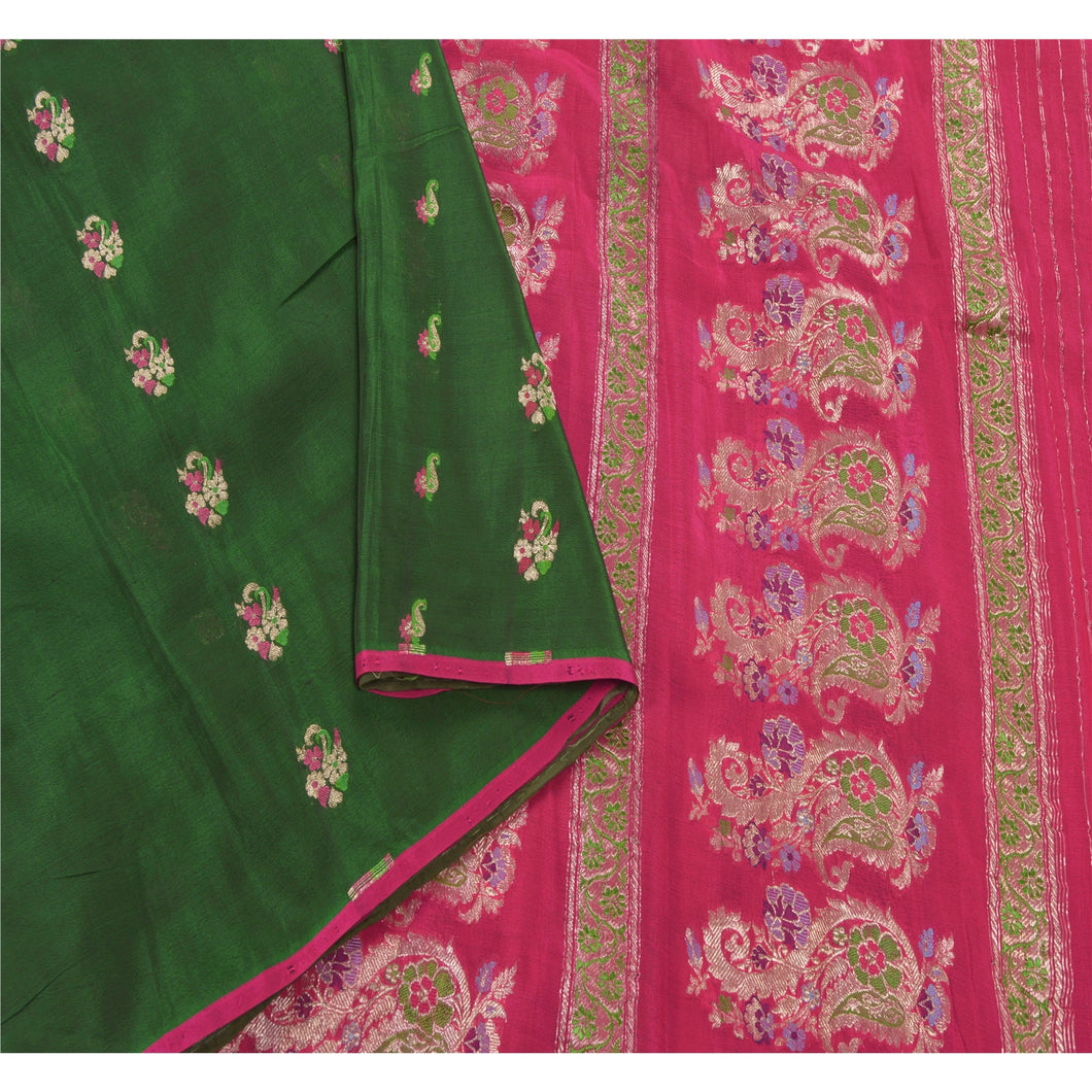 Sanskriti Vintage Green Heavy Saree 100% Pure Silk Banarasi Brocade Fabric Sari
