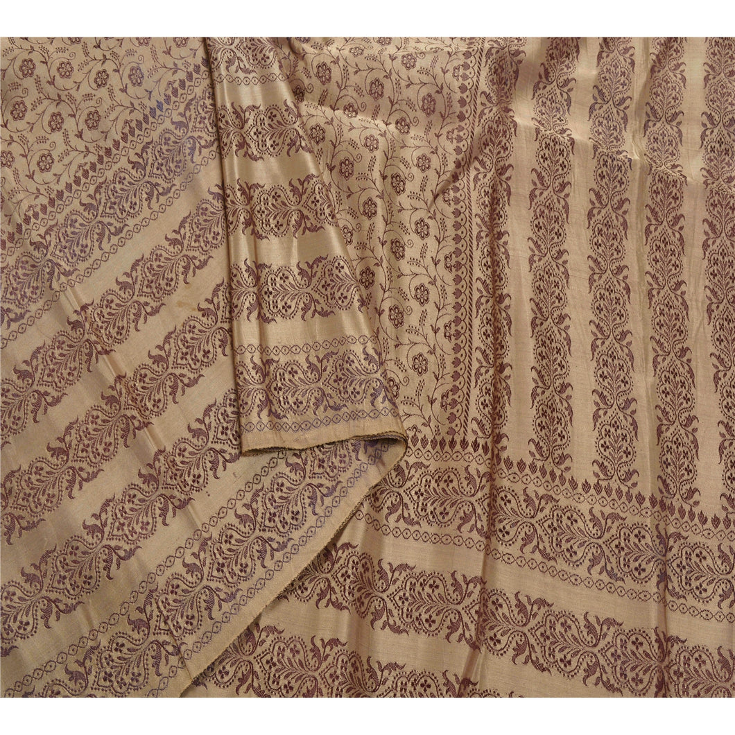 Sanskriti Vintage Brown Heavy Saree Pure Satin Silk Woven Sari Craft 5 Yd Fabric