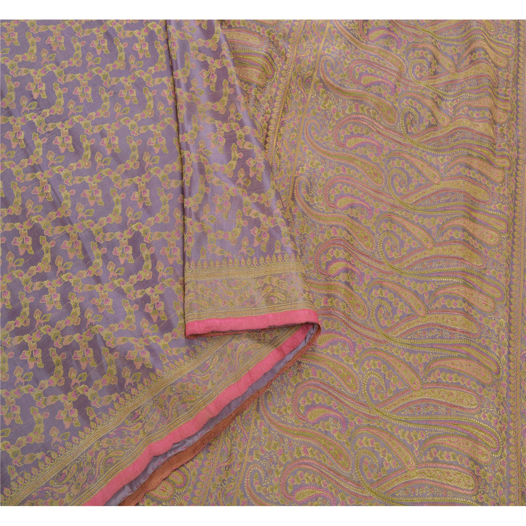 Sanskriti Vintage Purple Heavy Saree Pure Satin Silk Woven Sari Craft Fabric