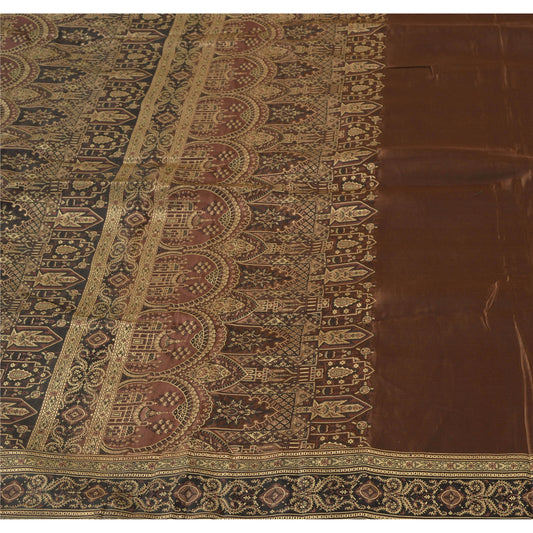 Sanskriti Vintage Brown Heavy Saree 100% Pure Satin Silk Banarasi Woven Sustainable Fabric Sari