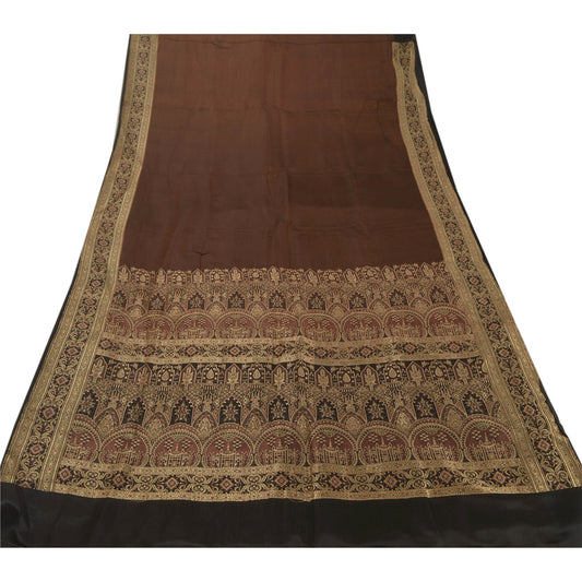 Sanskriti Vintage Brown Heavy Saree 100% Pure Satin Silk Banarasi Woven Sustainable Fabric Sari