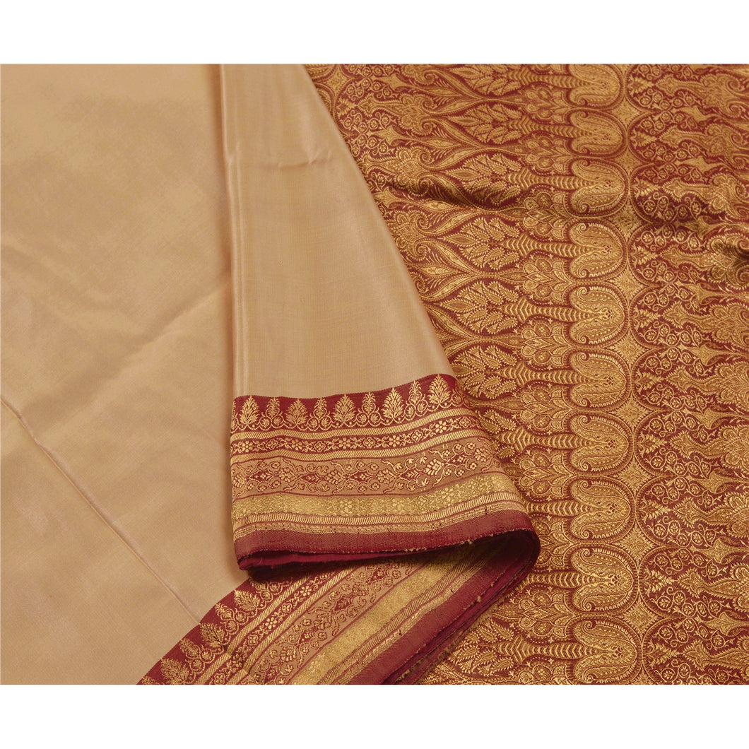 Sanskriti Vintage Heavy Saree 100% Pure Satin Silk Woven Cream Sari Craft Fabric