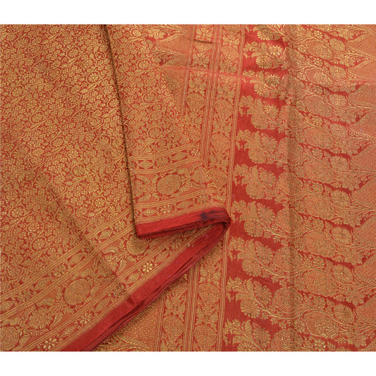 Sanskriti Vintage Red Heavy Saree Art Silk Banarasi Brocade Sustainable Fabric Zari Sari