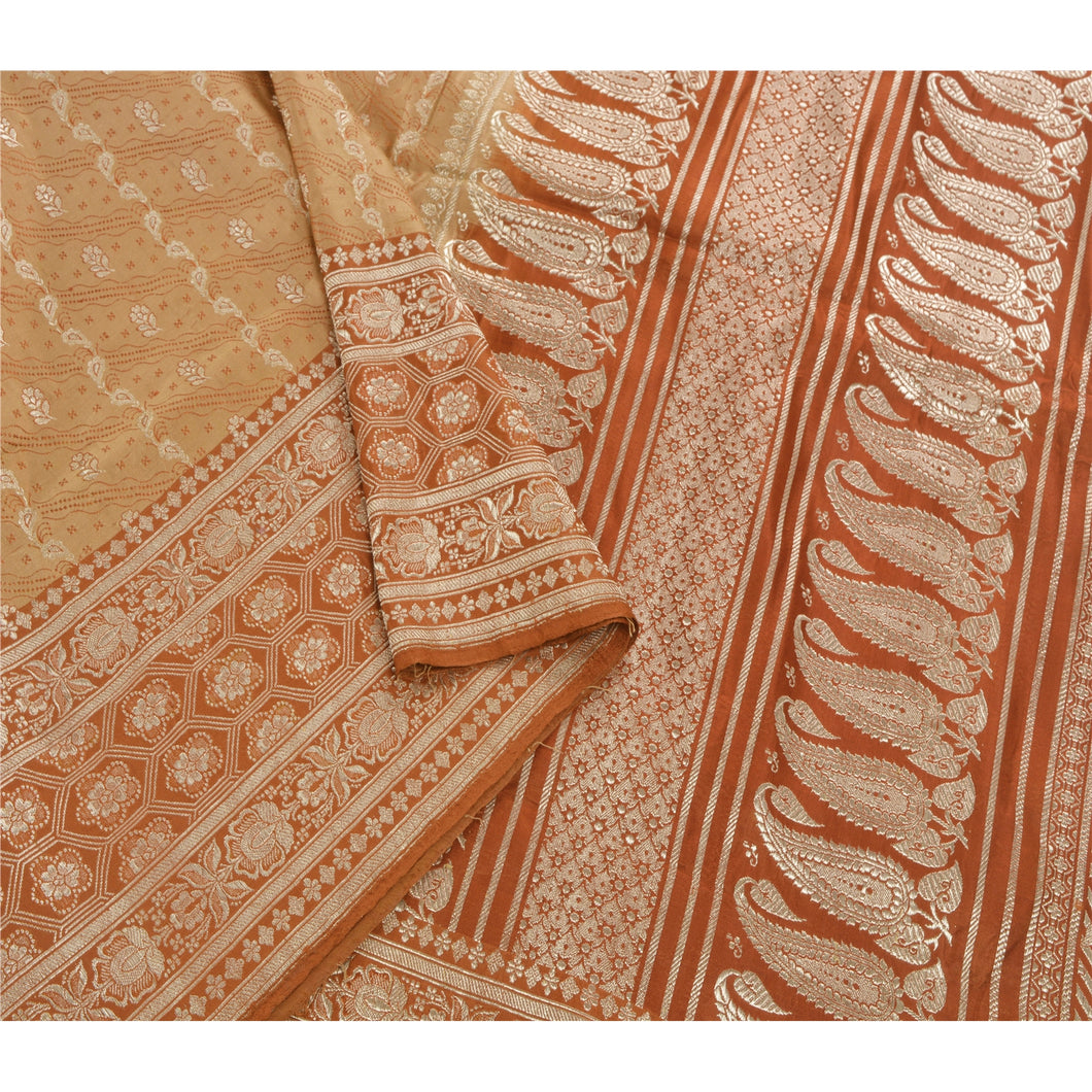 Sanskriti Vintage Beige Heavy Saree Pure Satin Silk Banarasi Brocade Fabric Sari