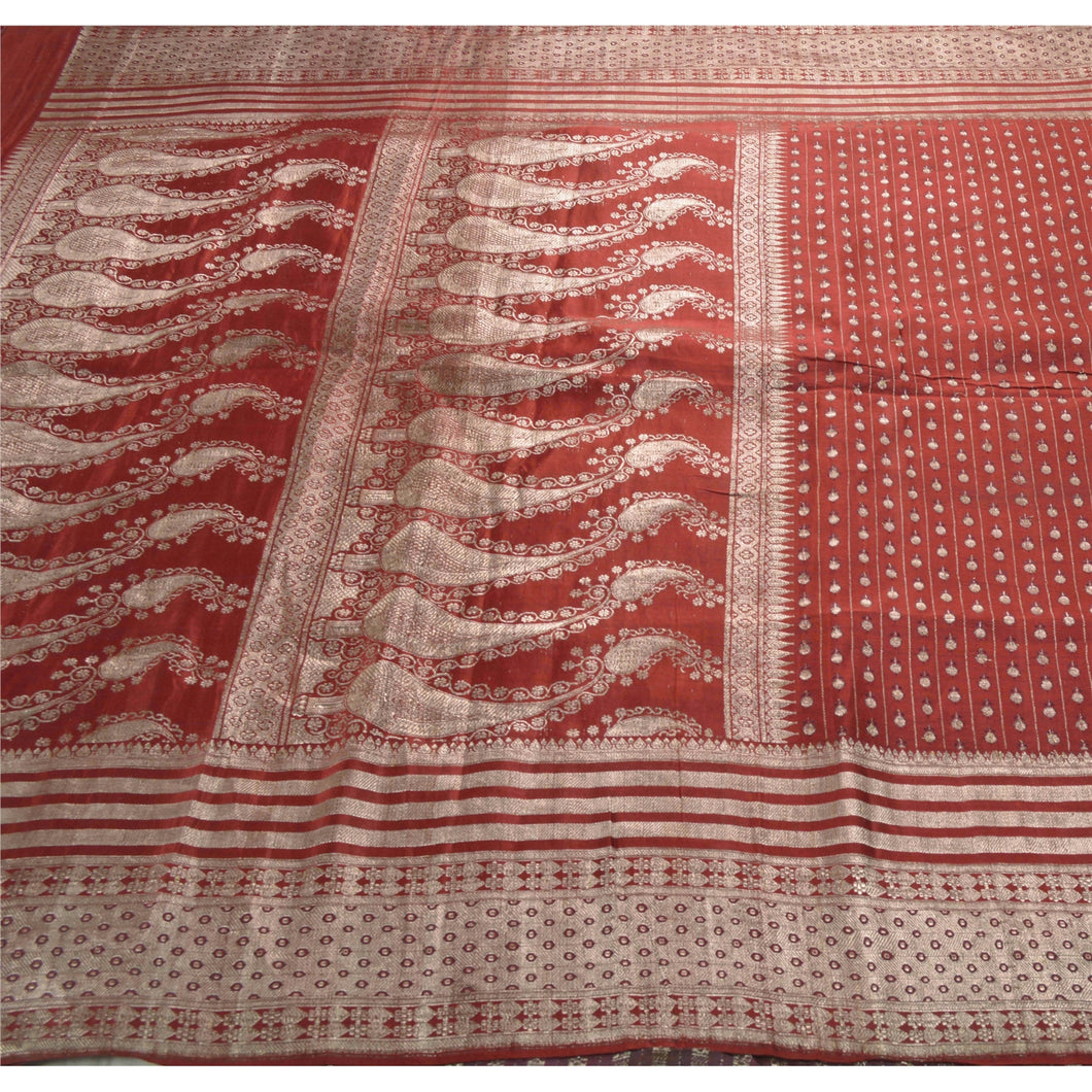 Sanskriti Vintage Dark Red Heavy Saree Pure Satin Silk Banarasi Brocade Fabric Zari Sari