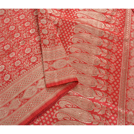 Sanskriti Vintage Red Heavy Saree Satin Banarasi Brocade Sustainable Fabric Craft Zari Sari
