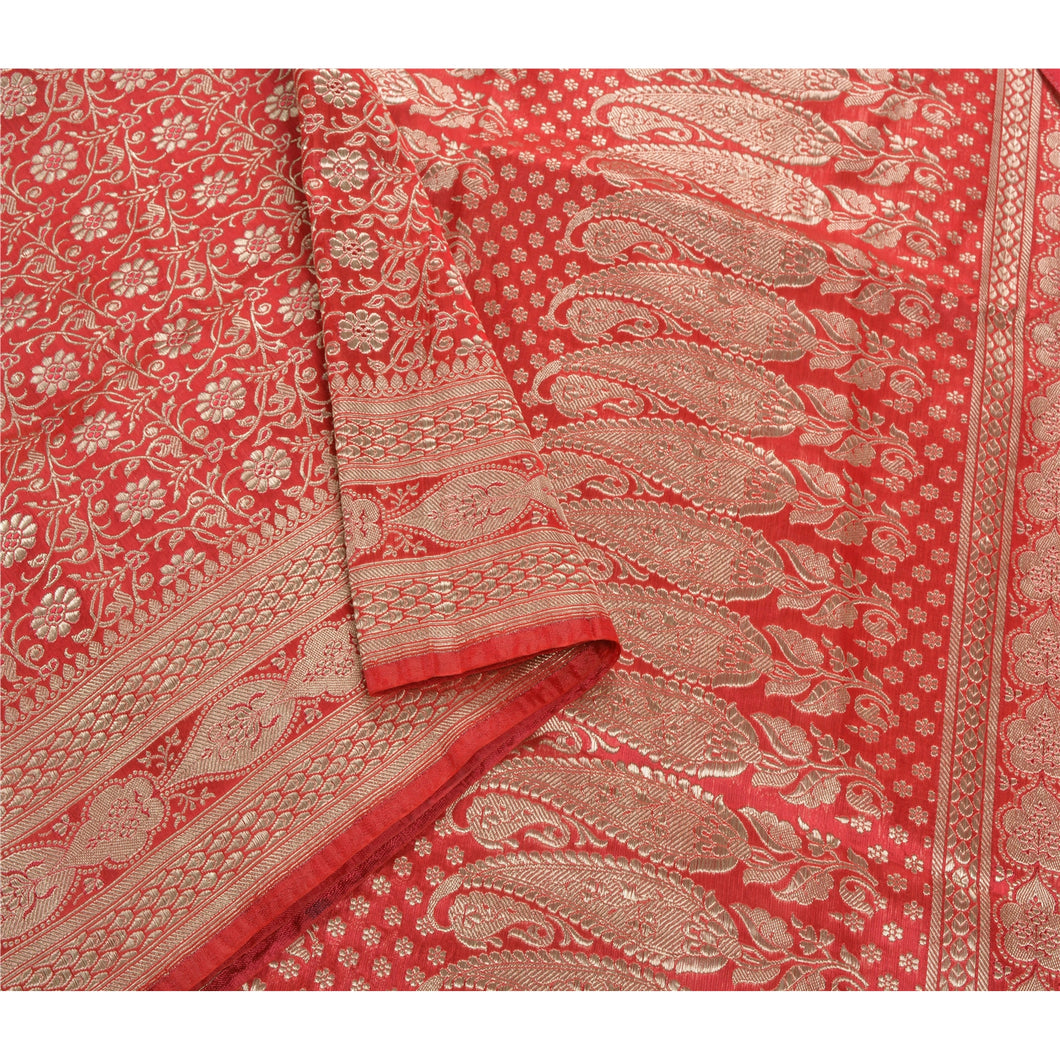 Sanskriti Vintage Red Heavy Saree Satin Banarasi Brocade Fabric Craft Zari Sari