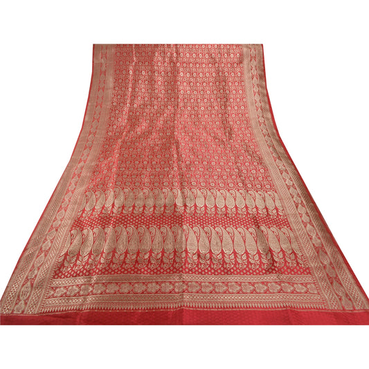 Sanskriti Vintage Red Heavy Saree Satin Banarasi Brocade Sustainable Fabric Craft Zari Sari