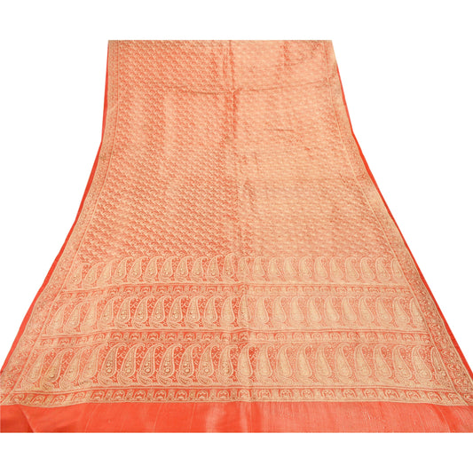 Sanskriti Vintage Peach Heavy Saree 100% Pure Silk Banarasi Brocade Sustainable Fabric Sari