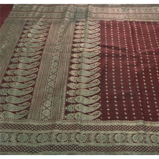 Sanskriti Vintage Dark Red Heavy Saree Satin Banarasi Brocade Sustainable Fabric Zari Sari