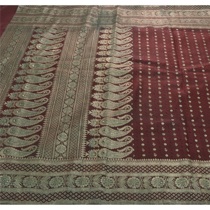 Sanskriti Vintage Dark Red Heavy Saree Satin Banarasi Brocade Sustainable Fabric Zari Sari