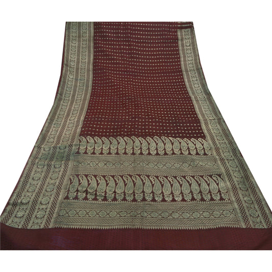 Sanskriti Vintage Dark Red Heavy Saree Satin Banarasi Brocade Sustainable Fabric Zari Sari
