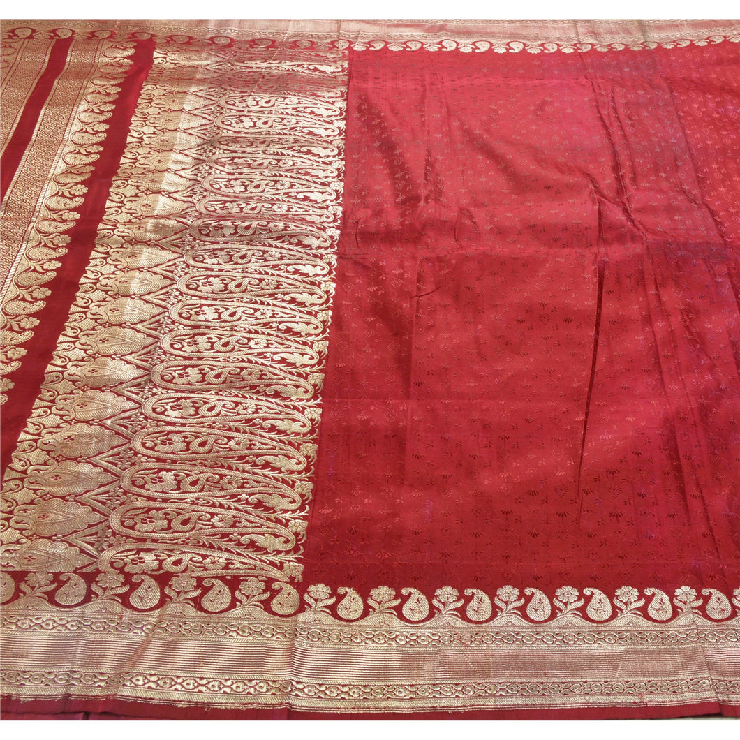 Sanskriti Vintage Heavy Saree Pure Satin Silk Dark Red Brocade Banarasi Fabric Sari Blouse Piece