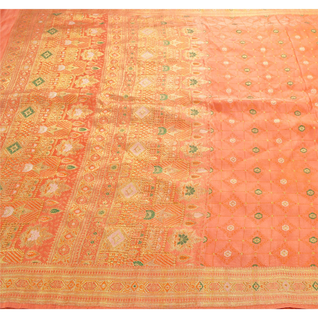 Sanskriti Vintage Peach Heavy Saree Pure Satin Silk Banarasi Brocade Fabric Sari