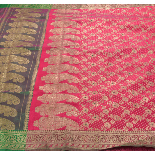 Sanskriti Vintage Pink Heavy Saree Satin Woven Brocade Banarasi Sari Zari Sustainable Fabric