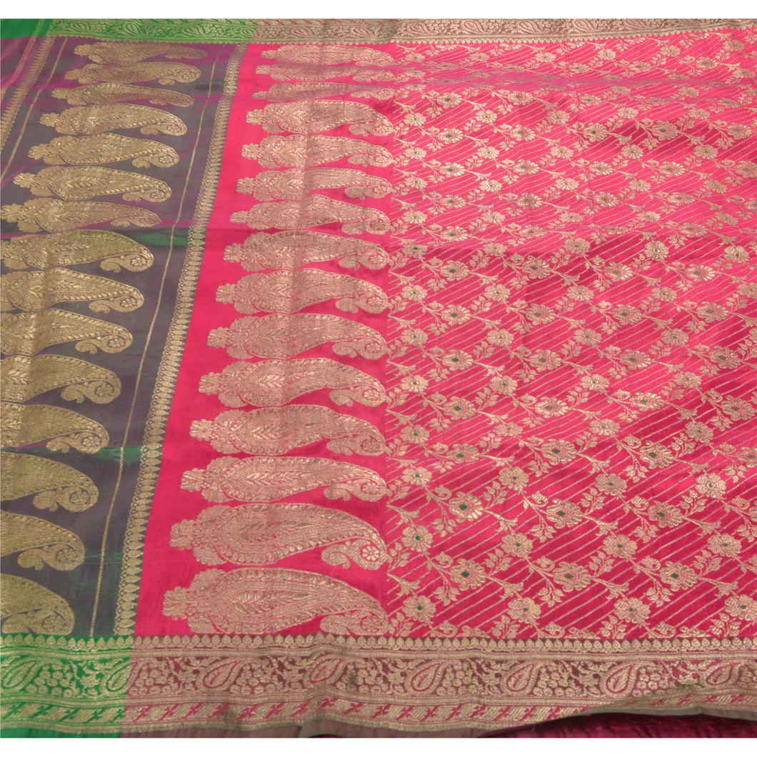 Sanskriti Vintage Pink Heavy Saree Satin Woven Brocade Banarasi Sari Zari Fabric