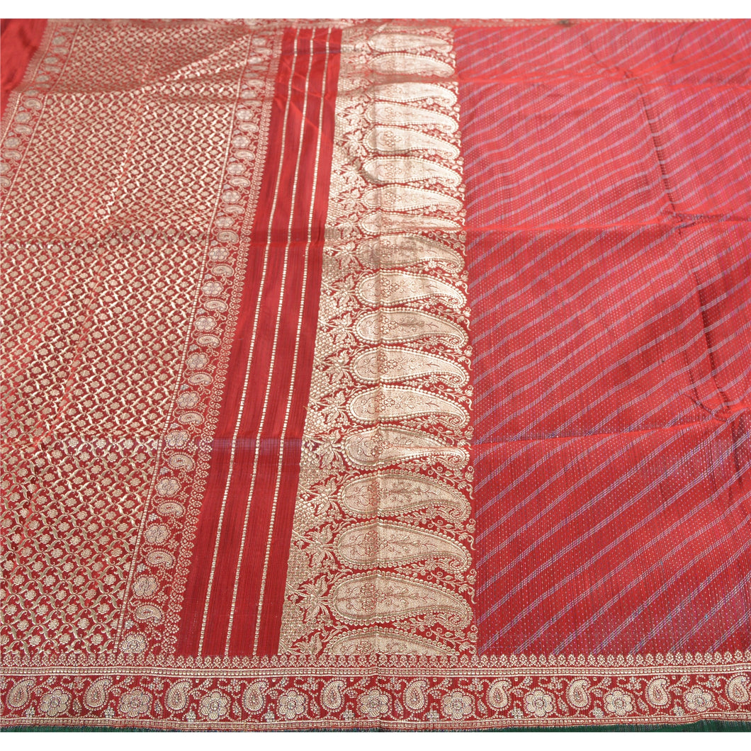 Sanskriti Vintage Heavy Saree Pure Satin Silk Dark Red Brocade Banarasi Sari Zari Fabric