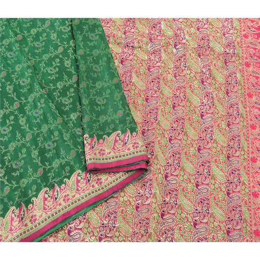 Sanskriti Vintage Green Heavy Saree Pure Silk Woven Brocade Banarasi Sari Sustainable Fabric
