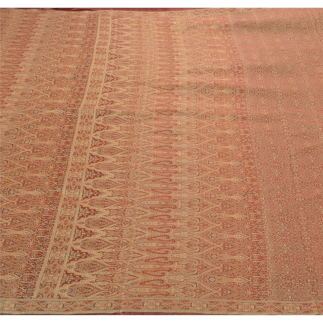 Sanskriti Vintage Brown Heavy Saree Satin Silk Woven Fabric 5 Yard Paisley Sari